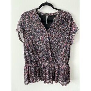 Anthropologie Dionne Metallic Ditsy Floral Large Black Multi Faux Wrap Peplum